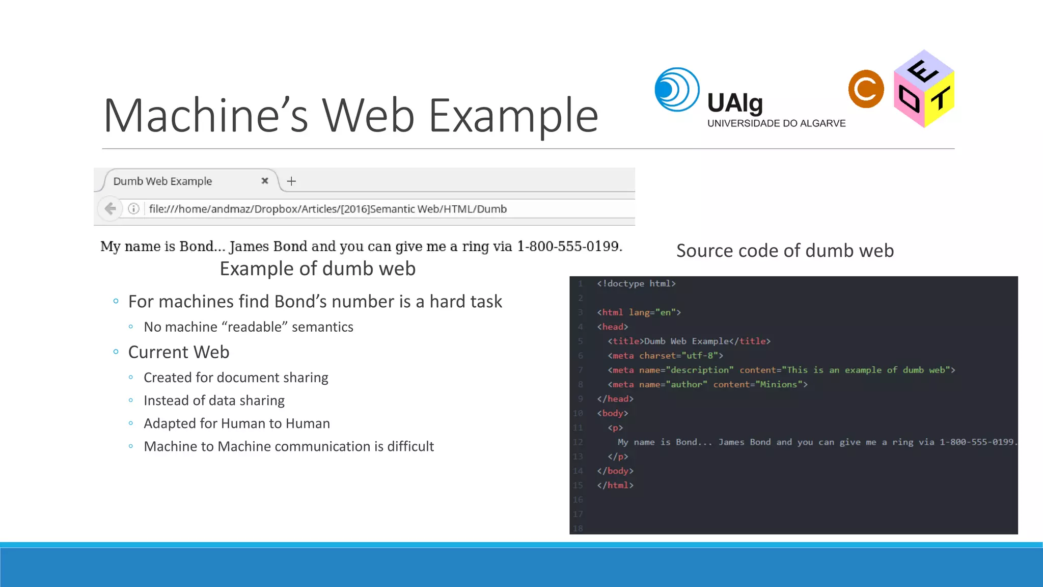 Machine’s Web Example
Example of dumb web
Source code of dumb web
◦ For machines find Bond’s number is a hard task
◦ No machine “readable” semantics
◦ Current Web
◦ Created for document sharing
◦ Instead of data sharing
◦ Adapted for Human to Human
◦ Machine to Machine communication is difficult
 