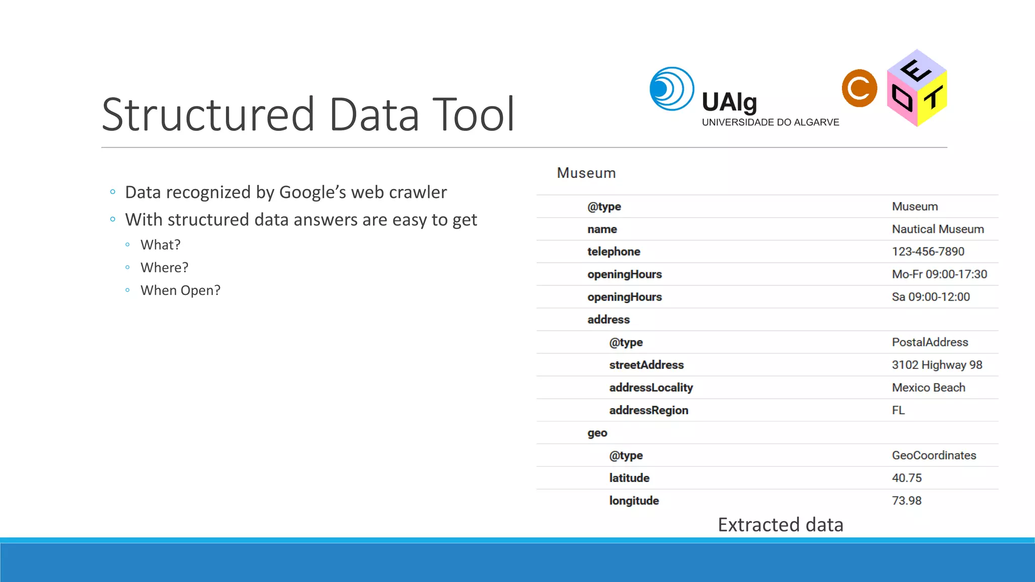 Structured Data Tool
Extracted data
◦ Data recognized by Google’s web crawler
◦ With structured data answers are easy to get
◦ What?
◦ Where?
◦ When Open?
 