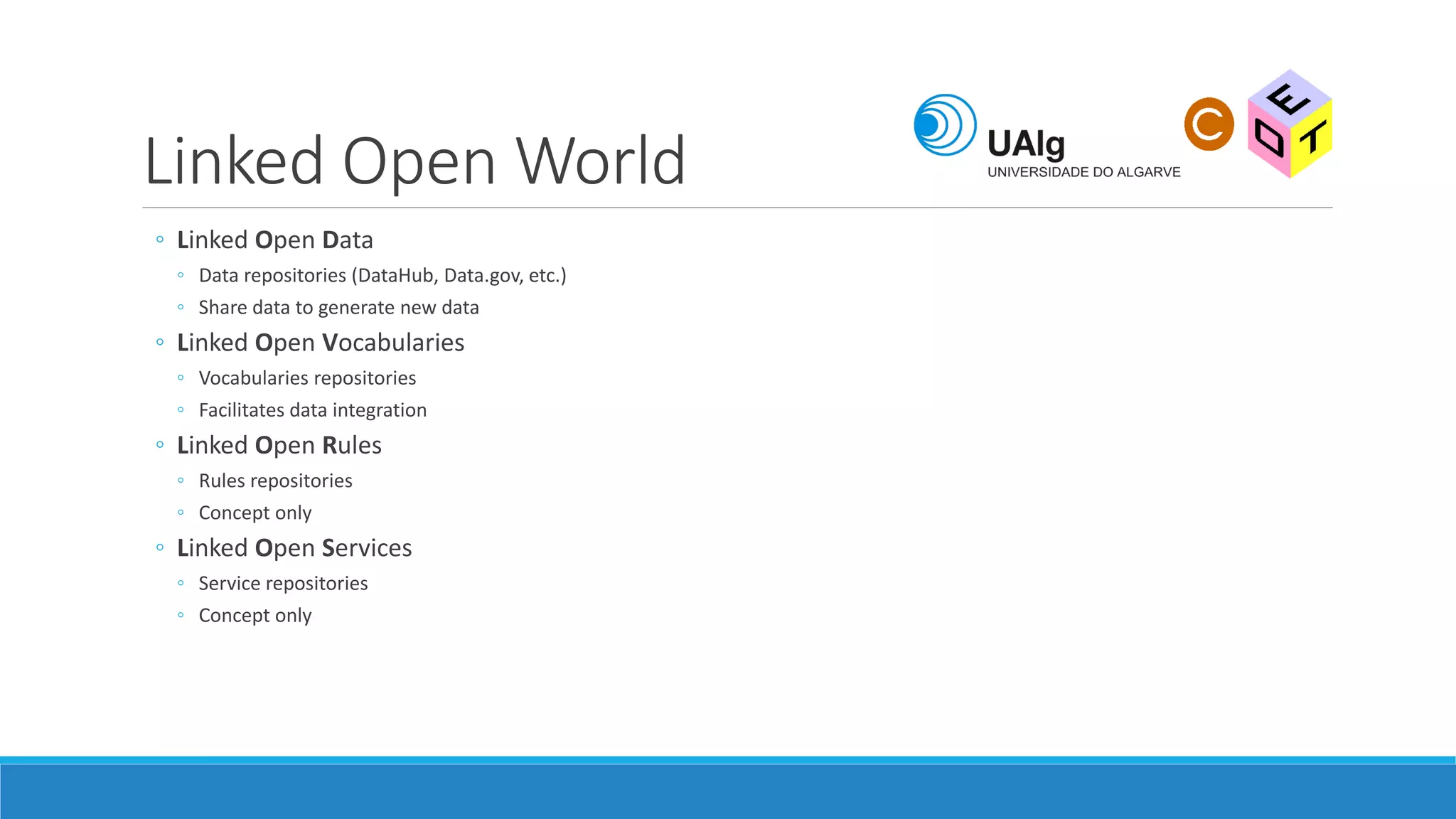 Linked Open World
◦ Linked Open Data
◦ Data repositories (DataHub, Data.gov, etc.)
◦ Share data to generate new data
◦ Linked Open Vocabularies
◦ Vocabularies repositories
◦ Facilitates data integration
◦ Linked Open Rules
◦ Rules repositories
◦ Concept only
◦ Linked Open Services
◦ Service repositories
◦ Concept only
 