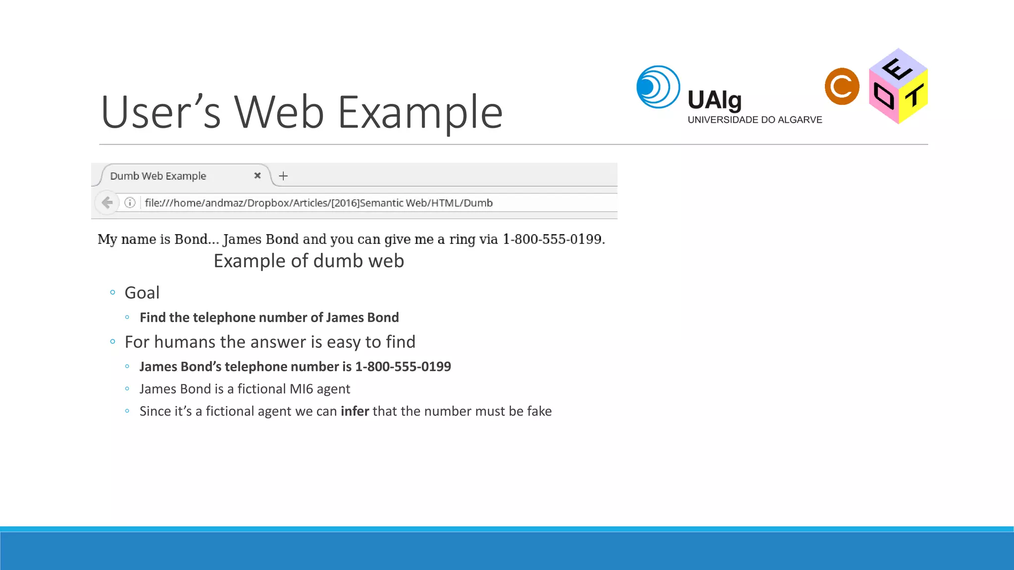 User’s Web Example
Example of dumb web
◦ Goal
◦ Find the telephone number of James Bond
◦ For humans the answer is easy to find
◦ James Bond’s telephone number is 1-800-555-0199
◦ James Bond is a fictional MI6 agent
◦ Since it’s a fictional agent we can infer that the number must be fake
 