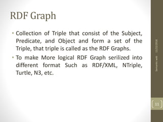 RDF Graph
• Collection of Triple that consist of the Subject,
Predicate, and Object and form a set of the
Triple, that triple is called as the RDF Graphs.
• To make More logical RDF Graph serilized into
different format Such as RDF/XML, NTriple,
Turtle, N3, etc.
11/22/2018Semanticweb
11
 