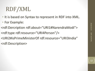 RDF/XML
• It is based on Syntax to represent in RDF into XML.
• For Example:
<rdf:Dercription rdf:about="URI1#NarendraModi">
<rdf:type rdf:resource="URI4Person"/>
<URI2#isPrimeMinisterOf rdf:resource="URI3India“
<rdf:Description>
11/22/2018Semanticweb
12
 