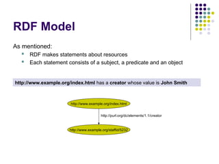 RDF Model
As mentioned:
 RDF makes statements about resources
 Each statement consists of a subject, a predicate and an object
http://www.example.org/index.html has a creator whose value is John Smith
http://www.example.org/staffid/5232
http://purl.org/dc/elements/1.1/creator
http://www.example.org/index.html
 