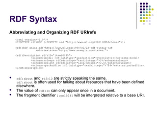 RDF Syntax
Abbreviating and Organizing RDF URIrefs
<?xml version="1.0"?>
<!DOCTYPE rdf:RDF [<!ENTITY xsd "http://www.w3.org/2001/XMLSchema#">]>
<rdf:RDF xmlns:rdf=http://www.w3.org/1999/02/22-rdf-syntax-ns#
xmlns:exterms="http://www.example.com/terms/">
<rdf:Description rdf:ID="item10245">
<exterms:model rdf:datatype="&xsd;string">Overnighter</exterms:model>
<exterms:sleeps rdf:datatype="&xsd;integer">2</exterms:sleeps>
<exterms:weight rdf:datatype="&xsd;decimal">2.4</exterms:weight>
<exterms:packedSize rdf:datatype="&xsd;integer">784</exterms:packedSize>
</rdf:Description>
 rdf:about and rdf:ID are strictly speaking the same.
rdf:about is often used for talking about resources that have been defined
elsewhere.
 The value of rdf:ID can only appear once in a document.
 The fragment identifier item10245 will be interpreted relative to a base URI.
 