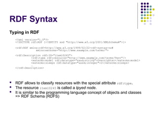 RDF Syntax
Typing in RDF
<?xml version="1.0"?>
<!DOCTYPE rdf:RDF [<!ENTITY xsd "http://www.w3.org/2001/XMLSchema#">]>
<rdf:RDF xmlns:rdf=http://www.w3.org/1999/02/22-rdf-syntax-ns#
xmlns:exterms="http://www.example.com/terms/">
<rdf:Description rdf:ID="item10245">
<rdf:type rdf:resource="http://www.example.com/terms/Tent"/>
<exterms:model rdf:datatype="&xsd;string">Overnighter</exterms:model>
<exterms:sleeps rdf:datatype="&xsd;integer">2</exterms:sleeps>
…
</rdf:Description>
 RDF allows to classify resources with the special attribute rdf:type.
 The resource item10245 is called a tpyed node.
 It is similar to the programming language concept of objects and classes
=> RDF Schema (RDFS)
 