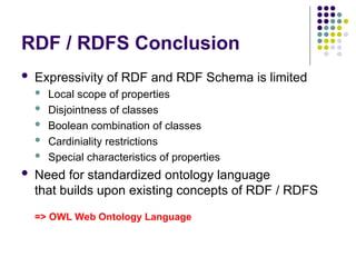 RDF / RDFS Conclusion
 Expressivity of RDF and RDF Schema is limited
 Local scope of properties
 Disjointness of classes
 Boolean combination of classes
 Cardiniality restrictions
 Special characteristics of properties
 Need for standardized ontology language
that builds upon existing concepts of RDF / RDFS
=> OWL Web Ontology Language
 