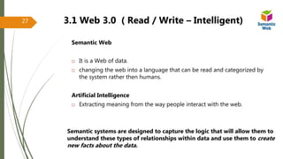 3.1 Web 3.0 ( Read / Write – Intelligent)
Semantic Web
 It is a Web of data.
 changing the web into a language that can be read and categorized by
the system rather then humans.
Artificial Intelligence
 Extracting meaning from the way people interact with the web.
27
Semantic systems are designed to capture the logic that will allow them to
understand these types of relationships within data and use them to create
new facts about the data.
 