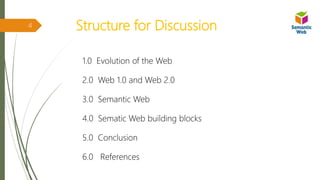 Structure for Discussion
1.0 Evolution of the Web
2.0 Web 1.0 and Web 2.0
3.0 Semantic Web
4.0 Sematic Web building blocks
5.0 Conclusion
6.0 References
4
 