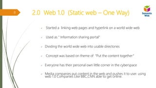 2.0 Web 1.0 (Static web – One Way)
 Started a linking web pages and hyperlink on a world wide web
 Used as “ Information sharing portal"
 Dividing the world wide web into usable directories
 Concept was based on theme of “Put the content together”
 Everyone has their personal own little corner in the cyberspace
 Media companies put content in the web and pushes it to user. using
web 1.0 Companies Like BBC,CNN able to get online.
8
 