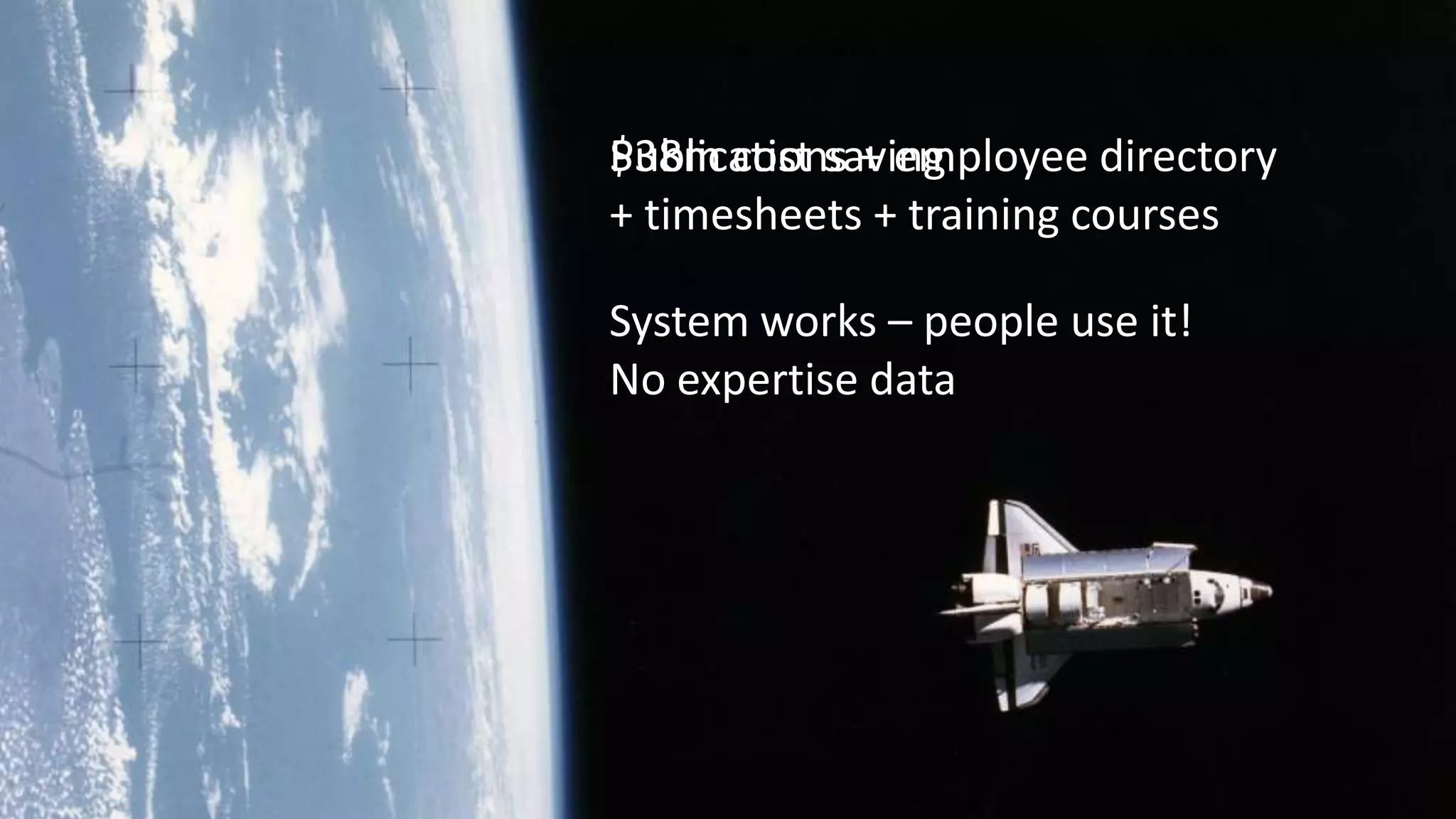 $38m cost saving
Publications + employee directory
+ timesheets + training courses

System works – people use it!
No expertise data




     13
                2012 Best European Search Agency
 