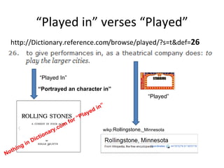 “Played in” verses “Played”
  http://Dictionary.reference.com/browse/played/?s=t&def=26



                         “Played In”

                     “Portrayed an character in”
                                                                                       “Played”

                                                              i   n”
                                                         y ed
                                                  “   Pla
                                            for
                                    o   m
                              ary.c                                wikp:Rollingstone,_Minnesota
                      t  io n
                 n Dic
         g   i
   thi n
No
 