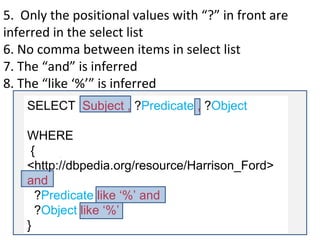 5. Only the positional values with “?” in front are
inferred in the select list
6. No comma between items in select list
7. The “and” is inferred
8. The “like ‘%’” is inferred
    SELECT Subject , ?Predicate , ?Object
    FROM Subject_Predicate_Object_Table
    WHERE
     { Subject =
    <http://dbpedia.org/resource/Harrison_Ford>
    and
      ?Predicate like ‘%’ and
      ?Object like ‘%’
    }
 
