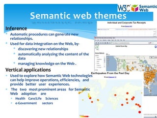Semantic web themes
Inference
* Automatic procedures can generate new
  relationships.
* Used for data integration on the Web, by-
    * discovering new relationships
    * automatically analyzing the content of the
       data
    * managing knowledge on the Web .
Vertical applications
  Used to explore how Semantic Web technologies
  can help improve operations, efficiencies, and
  provide better user experiences.
  The two most prominent areas for Semantic
  Web adoption are
     Health Care/Life Sciences
     e-Government    sectors
 