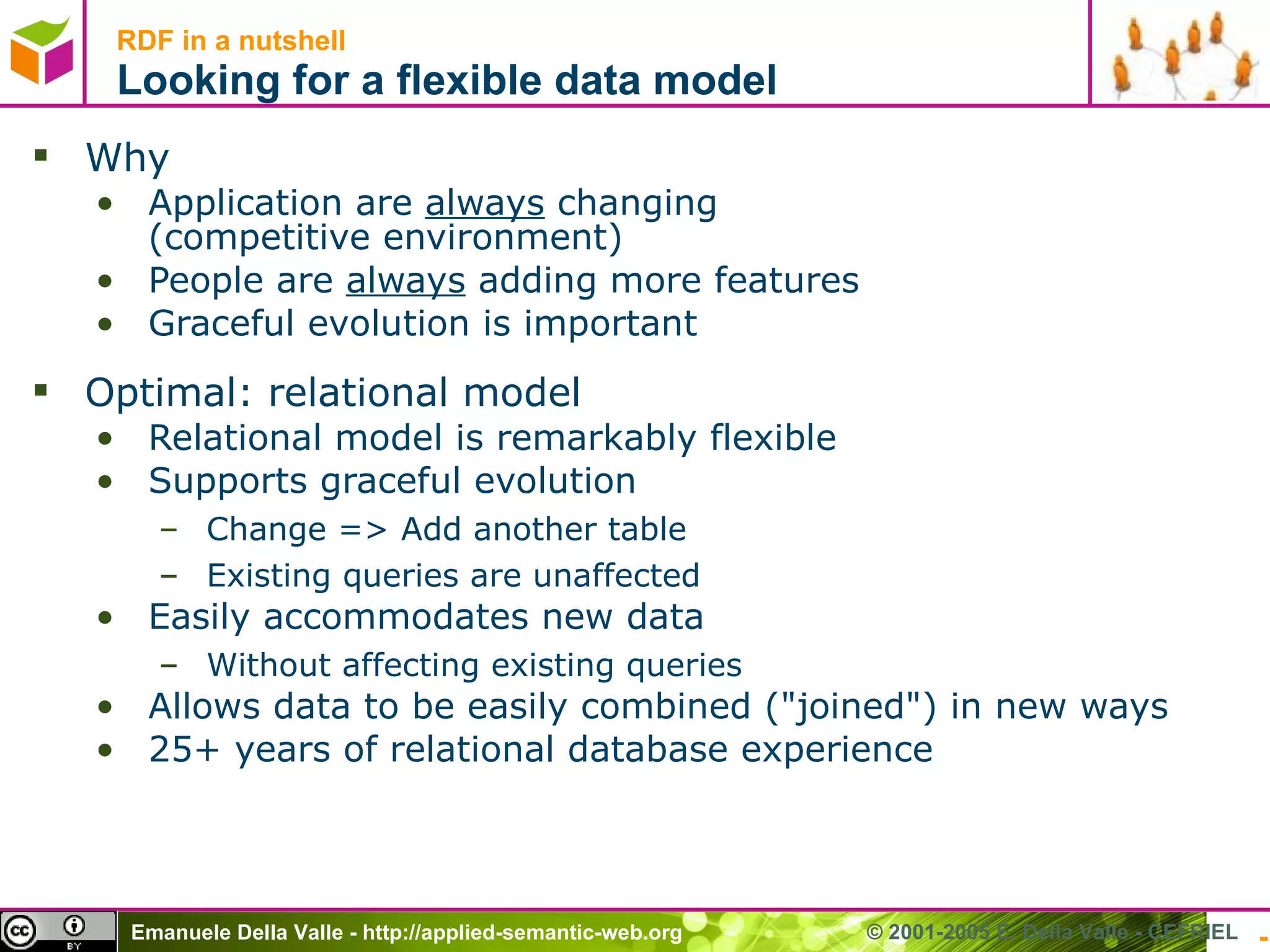 RDF in a nutshell Looking for a flexible data model  Why Application are  always  changing (competitive environment)  People are  always  adding more features Graceful evolution is important Optimal: relational model Relational model is remarkably flexible Supports graceful evolution  Change => Add another table Existing queries are unaffected Easily accommodates new data  Without affecting existing queries Allows data to be easily combined (&quot;joined&quot;) in new ways 25+ years of relational database experience -   - © 2001-2005 E. Della Valle - CEFRIEL 