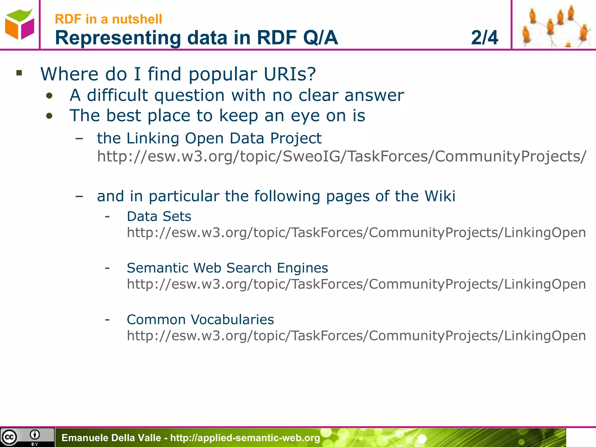 Where do I find popular URIs? A difficult question with no clear answer The best place to keep an eye on is  the Linking Open Data Project  http://esw.w3.org/topic/SweoIG/TaskForces/CommunityProjects/LinkingOpenData   and in particular the following pages of the Wiki Data Sets  http://esw.w3.org/topic/TaskForces/CommunityProjects/LinkingOpenData/DataSets   Semantic Web Search Engines  http://esw.w3.org/topic/TaskForces/CommunityProjects/LinkingOpenData/SemanticWebSearchEngines   Common Vocabularies  http://esw.w3.org/topic/TaskForces/CommunityProjects/LinkingOpenData/CommonVocabularies   RDF in a nutshell Representing data in RDF Q/A  2/4 