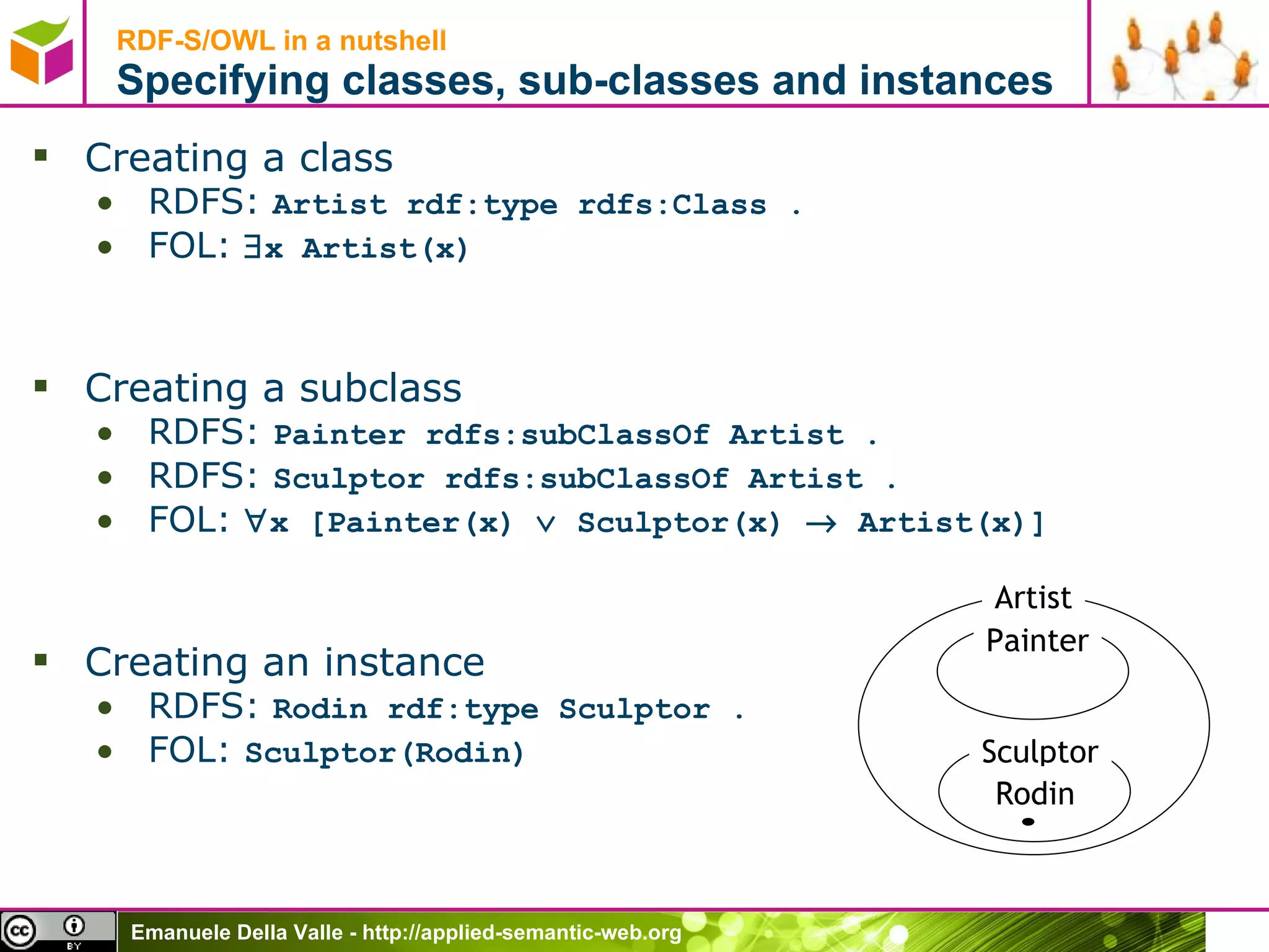 RDF-S/OWL in a nutshell Specifying classes, sub-classes and instances Creating a class  RDFS:  Artist rdf:type rdfs:Class .  FOL:   x Artist(x) Creating a subclass  RDFS:  Painter rdfs:subClassOf Artist . RDFS:  Sculptor rdfs:subClassOf Artist . FOL:   x [Painter(x)    Sculptor(x)    Artist(x)] Creating an instance RDFS:  Rodin rdf:type Sculptor . FOL:  Sculptor(Rodin) Artist Painter Sculptor Rodin 