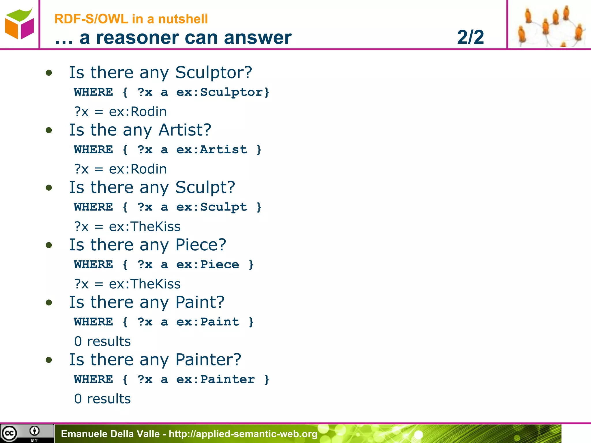RDF-S/OWL in a nutshell … a reasoner can answer  2/2 Is there any Sculptor? WHERE { ?x a ex:Sculptor} ?x = ex:Rodin Is the any Artist? WHERE { ?x a ex:Artist } ?x = ex:Rodin Is there any Sculpt? WHERE { ?x a ex:Sculpt } ?x = ex:TheKiss Is there any Piece? WHERE { ?x a ex:Piece } ?x = ex:TheKiss Is there any Paint? WHERE { ?x a ex:Paint } 0 results Is there any Painter? WHERE { ?x a ex:Painter } 0 results 
