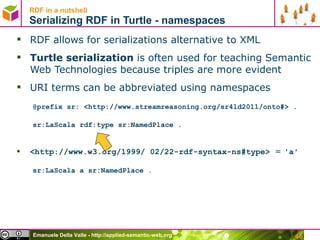 RDF in a nutshell Serializing RDF in Turtle - namespaces RDF allows for serializations alternative to XML Turtle serialization  is often used for teaching Semantic Web Technologies because triples are more evident URI terms can be abbreviated using namespaces @prefix sr: <http://www.streamreasoning.org/sr4ld2011/onto#> . sr:LaScala rdf:type sr:NamedPlace . <http://www.w3.org/1999/ 02/22-rdf-syntax-ns#type>  =  ' a ' sr:LaScala a sr:NamedPlace . 
