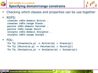 RDF-S/OWL in a nutshell Specifying domain/range constrains Checking which classes and properties can be use together RDFS: creates rdfs:domain Artist . creates rdfs:range Piece . paints rdfs:domain Painter . paints rdfs:range Paint . sculpts rdfs:domain Sculptor . sculpts rdfs:range Sculpt . FOL:  x   y [Creates(x,y)    Artist(x)    Piece(y)]  x   y [Paints(x,y)    Painter(x)    Paint(y)]  x   y [Sculpts(x,y)    Sculptor(x)    Sculpt(y)] 
