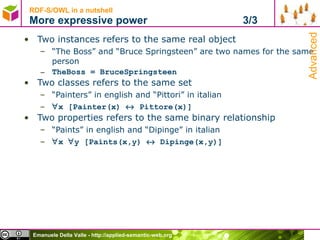 RDF-S/OWL in a nutshell More expressive power  3/3 Two instances refers to the same real object “ The Boss” and “Bruce Springsteen” are two names for the same person TheBoss = BruceSpringsteen  Two classes refers to the same set “ Painters” in english and “Pittori” in italian  x [Painter(x)    Pittore(x)] Two properties refers to the same binary relationship “ Paints” in english and “Dipinge” in italian  x   y [Paints(x,y)    Dipinge(x,y)] Advanced 