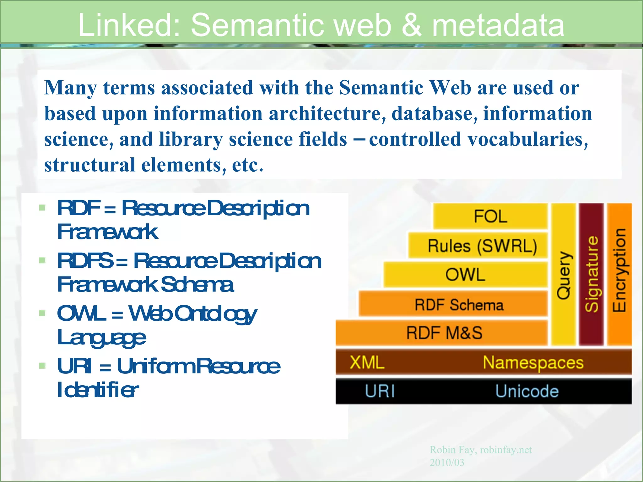 RDF = Resource Description Framework RDFS = Resource Description Framework Schema OWL = Web Ontology Language URI = Uniform Resource Identifier  Linked: Semantic web & metadata Robin Fay, robinfay.net 2010/03 Many terms associated with the Semantic Web are used or based upon information architecture, database, information science, and library science fields – controlled vocabularies, structural elements, etc. 