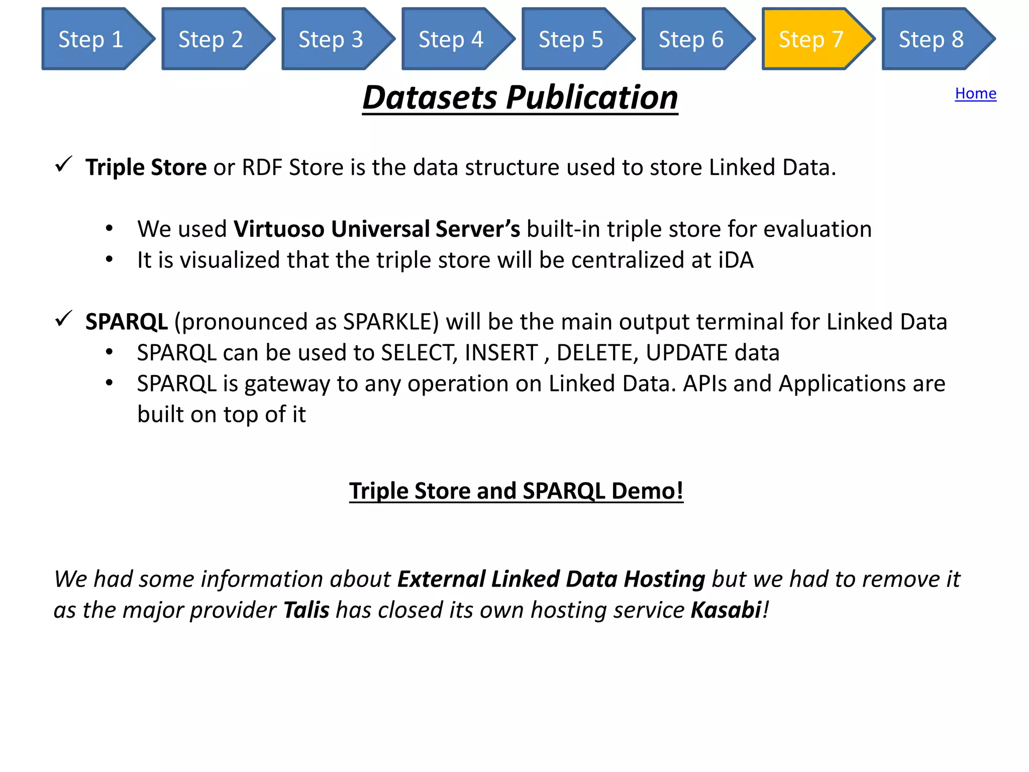 Step 1 Step 2 Step 3 Step 4 Step 5 Step 6 Step 7 Step 8
Datasets Publication Home
 Triple Store or RDF Store is the data structure used to store Linked Data.
• We used Virtuoso Universal Server’s built-in triple store for evaluation
• It is visualized that the triple store will be centralized at iDA
 SPARQL (pronounced as SPARKLE) will be the main output terminal for Linked Data
• SPARQL can be used to SELECT, INSERT , DELETE, UPDATE data
• SPARQL is gateway to any operation on Linked Data. APIs and Applications are
built on top of it
Triple Store and SPARQL Demo!
We had some information about External Linked Data Hosting but we had to remove it
as the major provider Talis has closed its own hosting service Kasabi!
 
