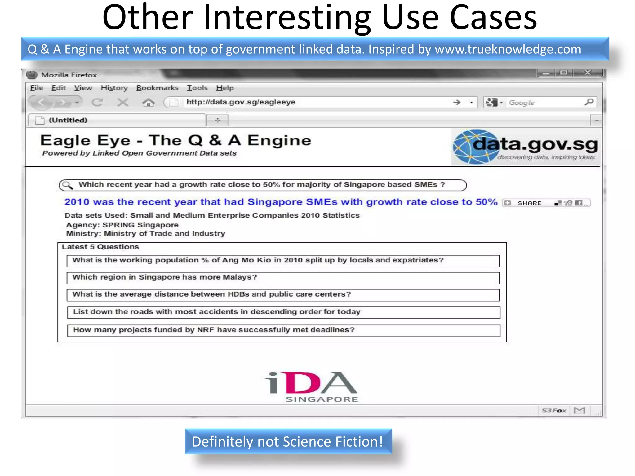 Other Interesting Use Cases
Definitely not Science Fiction!
Q & A Engine that works on top of government linked data. Inspired by www.trueknowledge.com
 