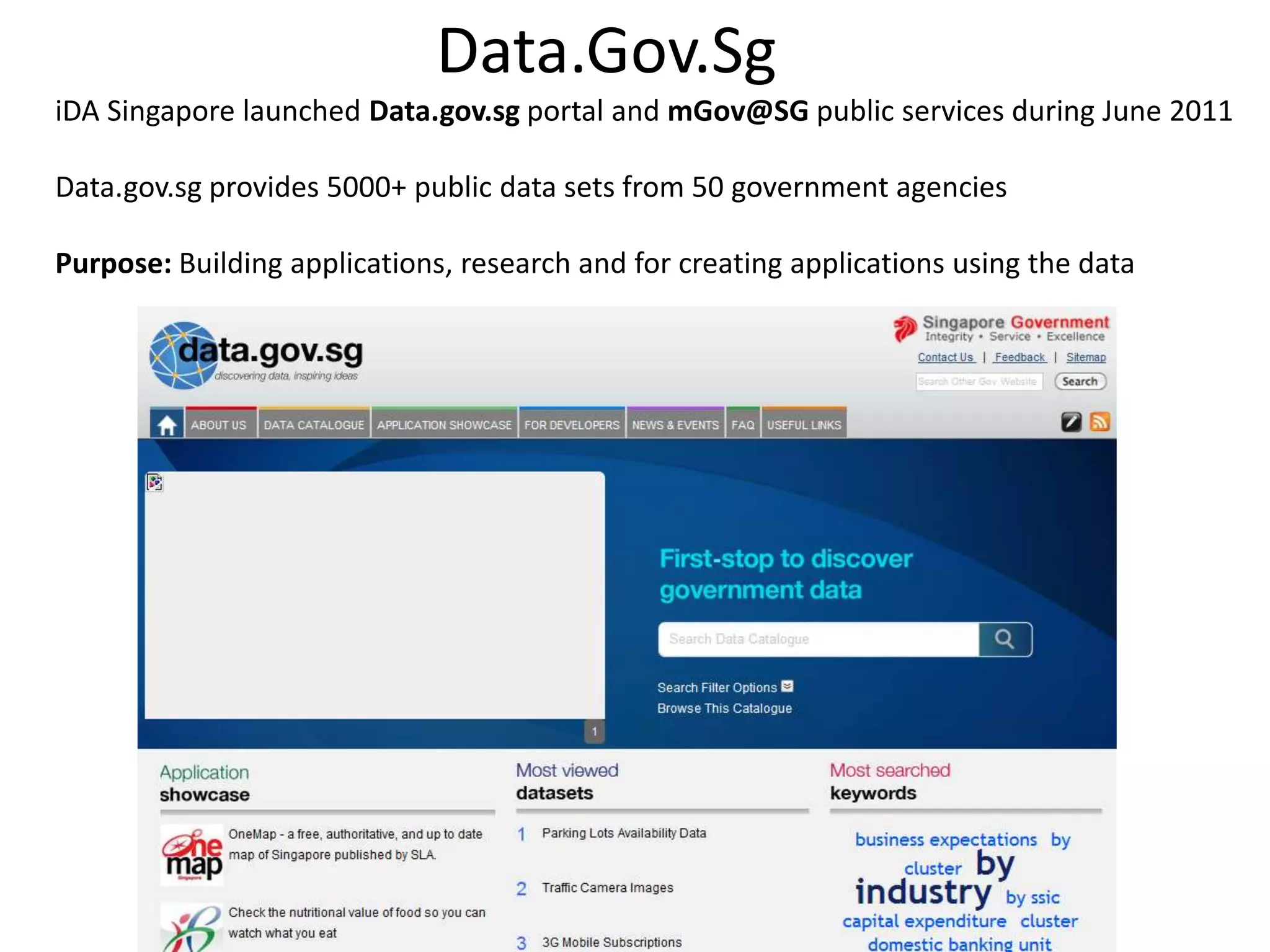 iDA Singapore launched Data.gov.sg portal and mGov@SG public services during June 2011
Data.gov.sg provides 5000+ public data sets from 50 government agencies
Purpose: Building applications, research and for creating applications using the data
Data.Gov.Sg
 