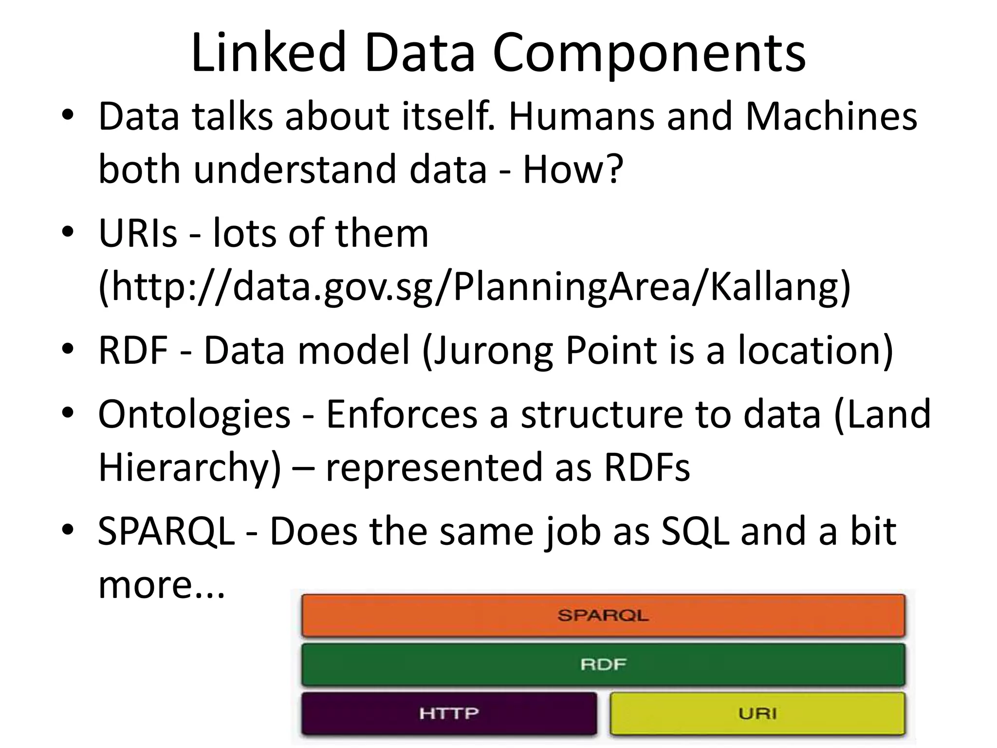 Linked Data Components
• Data talks about itself. Humans and Machines
both understand data - How?
• URIs - lots of them
(http://data.gov.sg/PlanningArea/Kallang)
• RDF - Data model (Jurong Point is a location)
• Ontologies - Enforces a structure to data (Land
Hierarchy) – represented as RDFs
• SPARQL - Does the same job as SQL and a bit
more...
 