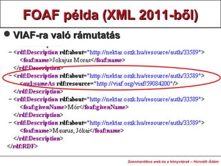FOAF példa (XML 2011-ből)FOAF példa (XML 2011-ből)
VIAF-ra való rámutatásVIAF-ra való rámutatás
Szenmantikus web és a kön...