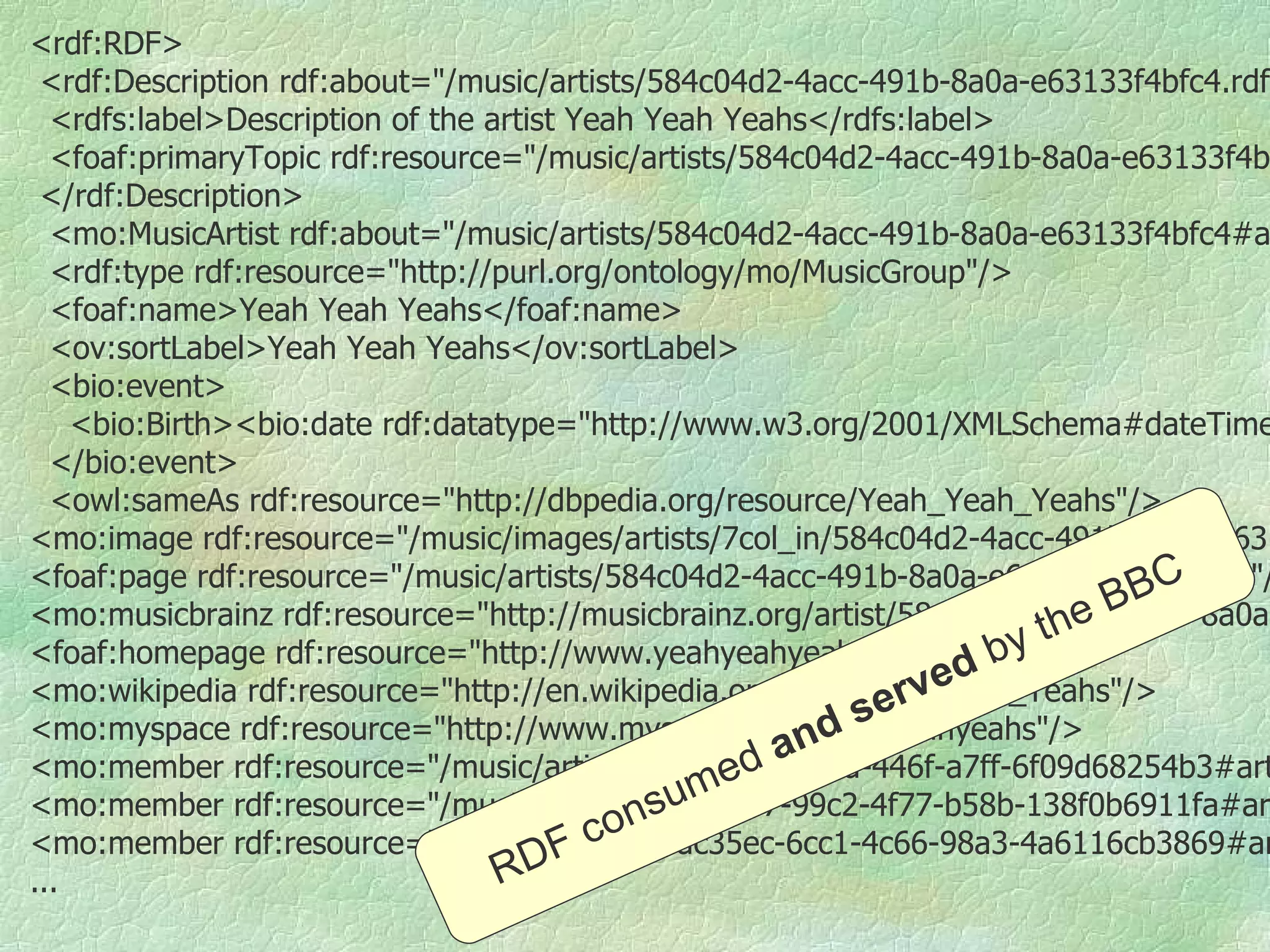 <rdf:RDF> <rdf:Description rdf:about=&quot;/music/artists/584c04d2-4acc-491b-8a0a-e63133f4bfc4.rdf&quot;> <rdfs:label>Description of the artist Yeah Yeah Yeahs</rdfs:label> <foaf:primaryTopic rdf:resource=&quot;/music/artists/584c04d2-4acc-491b-8a0a-e63133f4bfc4#artist&quot;/> </rdf:Description> <mo:MusicArtist rdf:about=&quot;/music/artists/584c04d2-4acc-491b-8a0a-e63133f4bfc4#artist&quot;>  <rdf:type rdf:resource=&quot;http://purl.org/ontology/mo/MusicGroup&quot;/> <foaf:name>Yeah Yeah Yeahs</foaf:name> <ov:sortLabel>Yeah Yeah Yeahs</ov:sortLabel> <bio:event> <bio:Birth><bio:date rdf:datatype=&quot;http://www.w3.org/2001/XMLSchema#dateTime&quot;>2000</bio:date></bio:Birth> </bio:event> <owl:sameAs rdf:resource=&quot;http://dbpedia.org/resource/Yeah_Yeah_Yeahs&quot;/> <mo:image rdf:resource=&quot;/music/images/artists/7col_in/584c04d2-4acc-491b-8a0a-e63133f4bfc4.jpg&quot;/> <foaf:page rdf:resource=&quot;/music/artists/584c04d2-4acc-491b-8a0a-e63133f4bfc4.html&quot;/> <mo:musicbrainz rdf:resource=&quot;http://musicbrainz.org/artist/584c04d2-4acc-491b-8a0a-e63133f4bfc4.html&quot;/> <foaf:homepage rdf:resource=&quot;http://www.yeahyeahyeahs.com/&quot;/> <mo:wikipedia rdf:resource=&quot;http://en.wikipedia.org/wiki/Yeah_Yeah_Yeahs&quot;/> <mo:myspace rdf:resource=&quot;http://www.myspace.com/yeahyeahyeahs&quot;/> <mo:member rdf:resource=&quot;/music/artists/a1439b8d-672a-446f-a7ff-6f09d68254b3#artist&quot;/> <mo:member rdf:resource=&quot;/music/artists/14d44067-99c2-4f77-b58b-138f0b6911fa#artist&quot;/> <mo:member rdf:resource=&quot;/music/artists/20dc35ec-6cc1-4c66-98a3-4a6116cb3869#artist&quot;/> ... RDF consumed  and   served  by   the BBC 