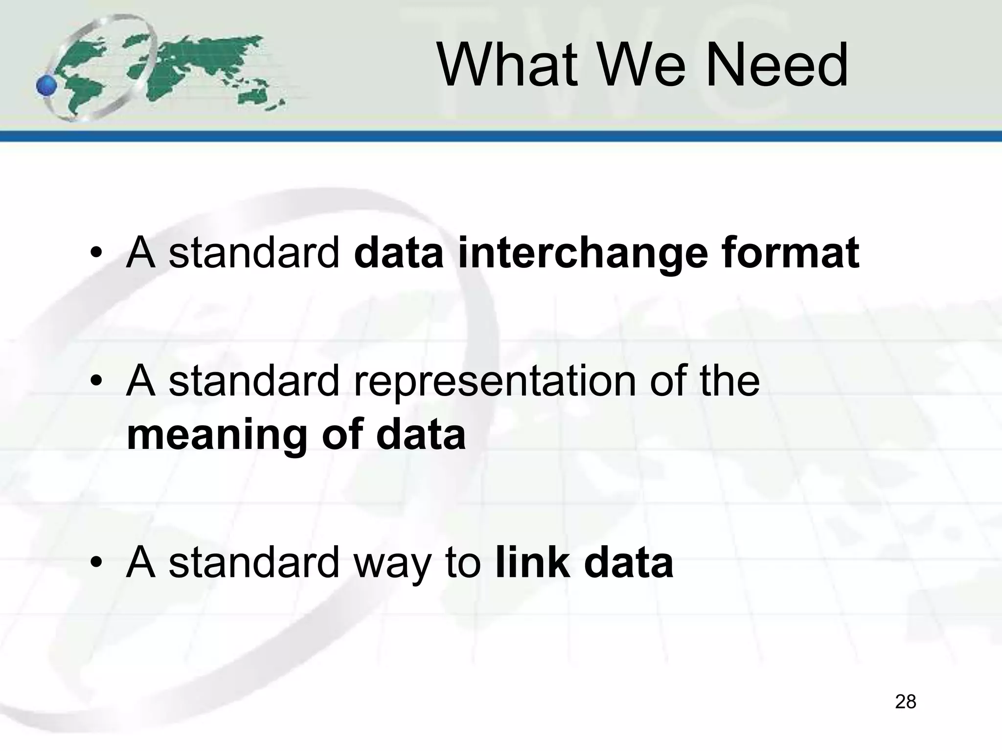 What We Need
• A standard data interchange format
• A standard representation of the
meaning of data
• A standard way to link data
28
 