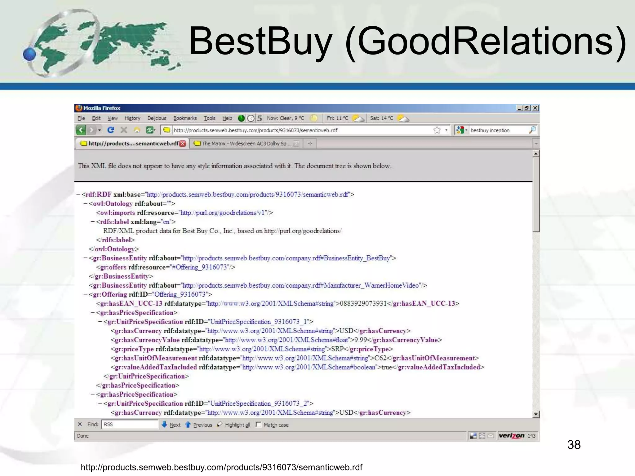 BestBuy (GoodRelations)
38
http://products.semweb.bestbuy.com/products/9316073/semanticweb.rdf
 