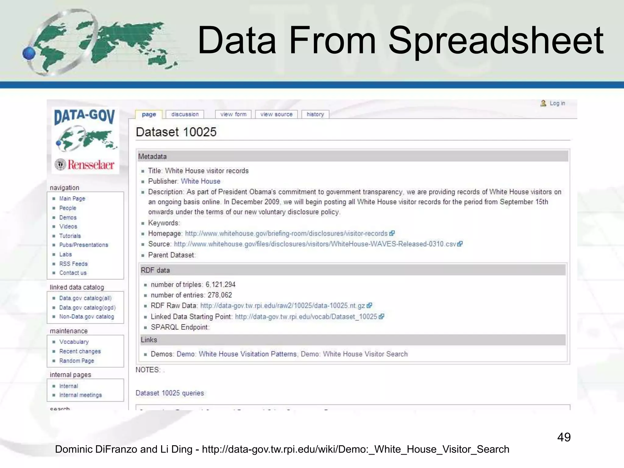 Data From Spreadsheet
49
Dominic DiFranzo and Li Ding - http://data-gov.tw.rpi.edu/wiki/Demo:_White_House_Visitor_Search
 