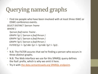 Querying named graphs<br />Find me people who have been involved with at least three ISWC or ESWC conference events.<br />...