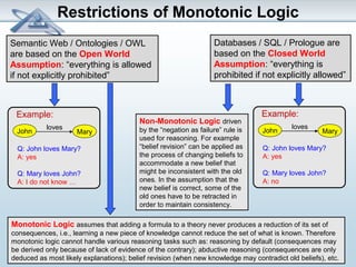 Restrictions of Monotonic Logic 
Semantic Web / Ontologies / OWL 
are based on the Open World 
Assumption: “everything is allowed 
if not explicitly prohibited” 
Databases / SQL / Prologue are 
based on the Closed World 
Assumption: “everything is 
prohibited if not explicitly allowed” 
Example: 
John loves Mary 
Q: John loves Mary? 
A: yes 
Q: Mary loves John? 
A: I do not know … 
Example: 
John loves Mary 
Q: John loves Mary? 
A: yes 
Q: Mary loves John? 
A: no 
Non-Monotonic Logic driven 
by the “negation as failure” rule is 
used for reasoning. For example 
“belief revision” can be applied as 
the process of changing beliefs to 
accommodate a new belief that 
might be inconsistent with the old 
ones. In the assumption that the 
new belief is correct, some of the 
old ones have to be retracted in 
order to maintain consistency. 
Monotonic Logic assumes that adding a formula to a theory never produces a reduction of its set of 
consequences, i.e., learning a new piece of knowledge cannot reduce the set of what is known. Therefore 
monotonic logic cannot handle various reasoning tasks such as: reasoning by default (consequences may 
be derived only because of lack of evidence of the contrary); abductive reasoning (consequences are only 
deduced as most likely explanations); belief revision (when new knowledge may contradict old beliefs), etc. 
 