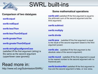 SWRL built-ins 
Some mathematical operations 
Comparison of two datatypes swrlb:add (satisfied iff the first argument is equal to 
swrlb:equal 
swrlb:notEqual 
swrlb:lessThan 
swrlb:lessThanOrEqual 
swrlb:greaterThan 
swrlb:greaterThanOrEqual 
swrlb:stringEqualIgnoreCase 
(satisfied iff the first argument (string) is 
the same as the second argument 
(upper/lower case ignored)) 
the arithmetic sum of the second argument and the 
third argument) 
swrlb:subtract 
swrlb:multiply 
swrlb:divide 
swrlb:pow (satisfied iff the first argument is equal 
to the result of the second argument raised to the third 
argument power) 
swrlb:abs (satisfied iff the first argument is the 
absolute value of the second argument) 
swrlb:round (satisfied iff the first argument is equal 
to the nearest number to the second argument with no 
fractional part) 
swrlb:booleanNot (satisfied iff the first argument is 
true and the second argument is false, or vice versa. 
Read more in: 
http://www.w3.org/Submission/SWRL/ 
 