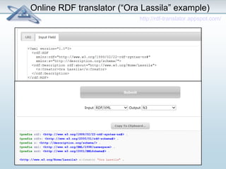 Online RDF translator (“Ora Lassila” example) 
http://rdf-translator.appspot.com/ 
 