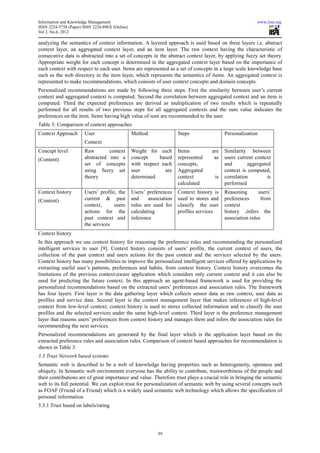 Information and Knowledge Management                                                                       www.iiste.org
ISSN 2224-5758 (Paper) ISSN 2224-896X (Online)
Vol 2, No.6, 2012

analyzing the semantics of context information. A layered approach is used based on three layers i.e. abstract
context layer, an aggregated context layer, and an item layer. The raw context having the characteristic of
consecutive data is abstracted into a set of concepts in the abstract context layer, by applying fuzzy set theory.
Appropriate weight for each concept is determined in the aggregated context layer based on the importance of
each context with respect to each user. Items are represented as a set of concepts in a large scale knowledge base
such as the web directory in the item layer, which represents the semantics of items. An aggregated context is
represented to make recommendations, which consists of user context concepts and domain concepts.
Personalized recommendations are made by following three steps. First the similarity between user’s current
context and aggregated context is computed. Second the correlation between aggregated context and an item is
computed. Third the expected preferences are derived as multiplication of two results which is repeatedly
performed for all results of two previous steps for all aggregated contexts and the sum value indicates the
preferences on the item. Items having high value of sum are recommended to the user.
Table 3: Comparison of context approaches
Context Approach       User                      Method                Steps                Personalization
                       Context
Concept level          Raw        context        Weight for each       Items          are   Similarity between
(Content)              abstracted into a         concept     based     represented     as   users current context
                       set of concepts           with respect each     concepts,            and        aggregated
                       using fuzzy set           user          are     Aggregated           context is computed,
                       theory                    determined            context         is   correlation         is
                                                                       calculated           performed
Context history        Users’ profile, the       Users’ preferences    Context history is   Reasoning       users’
(Content)              current & past            and     association   used to stores and   preferences       from
                       context,      users       rules are used for    classify the user    context
                       actions for the           calculating           profiles services    history ,infers the
                       past context and          inference                                  association rules
                       the services
Context history
In this approach we use context history for reasoning the preference rules and recommending the personalized
intelligent services to user [9]. Context history consists of users’ profile, the current context of users, the
collection of the past context and users actions for the past context and the services selected by the users.
Context history has many possibilities to improve the personalized intelligent services offered by applications by
extracting useful user’s patterns, preferences and habits, from context history. Context history overcomes the
limitations of the previous context-aware application which considers only current context and it can also be
used for predicting the future context. In this approach an agent-based framework is used for providing the
personalized recommendations based on the extracted users’ preferences and association rules. The framework
has four layers. First layer is the data gathering layer which collects sensor data as raw context, user data as
profiles and service data. Second layer is the context management layer that makes inferences of high-level
context from low-level context; context history is used to stores collected information and to classify the user
profiles and the selected services under the same high-level context. Third layer is the preference management
layer that reasons users’ preferences from context history and manages them and infers the association rules for
recommending the next services.
Personalized recommendations are generated by the final layer which is the application layer based on the
extracted preference rules and association rules. Comparison of context based approaches for recommendation is
shown in Table 3.
3.3 Trust Network based systems
Semantic web is described to be a web of knowledge having properties such as heterogeneity, openness and
ubiquity. In Semantic web environment everyone has the ability to contribute, trustworthiness of the people and
their contributions are of great importance and value. Therefore trust plays a crucial role in bringing the semantic
web to its full potential. We can exploit trust for personalization of semantic web by using several concepts such
as FOAF (Friend of a Friend) which is a widely used semantic web technology which allows the specification of
personal information.
3.3.1 Trust based on labels/rating




                                                             99
 
