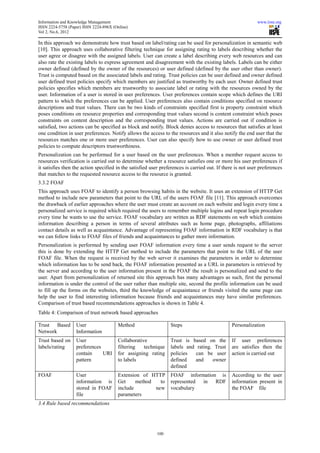 Information and Knowledge Management                                                                        www.iiste.org
ISSN 2224-5758 (Paper) ISSN 2224-896X (Online)
Vol 2, No.6, 2012

In this approach we demonstrate how trust based on label/rating can be used for personalization in semantic web
[10]. This approach uses collaborative filtering technique for assigning rating to labels describing whether the
user agree or disagree with the assigned labels. User can create a label describing every web resources and can
also rate the existing labels to express agreement and disagreement with the existing labels. Labels can be either
owner defined (defined by the owner of the resources) or user defined (defined by the user other than owner).
Trust is computed based on the associated labels and rating. Trust policies can be user defined and owner defined
user defined trust policies specify which members are justified as trustworthy by each user. Owner defined trust
policies specifies which members are trustworthy to associate label or rating with the resources owned by the
user. Information of a user is stored in user preferences. User preferences contain scope which defines the URI
pattern to which the preferences can be applied. User preferences also contain conditions specified on resource
descriptions and trust values. There can be two kinds of constraints specified first is property constraint which
poses conditions on resource properties and corresponding trust values second is content constraint which poses
constraints on content description and the corresponding trust values. Actions are carried out if condition is
satisfied, two actions can be specified as block and notify. Block denies access to resources that satisfies at least
one condition in user preferences. Notify allows the access to the resources and it also notify the end user that the
resources matches one or more user preferences. User can also specify how to use owner or user defined trust
policies to compute descriptors trustworthiness.
Personalization can be performed for a user based on the user preferences. When a member request access to
resources verification is carried out to determine whether a resource satisfies one or more his user preferences if
it satisfies then the action specified in the satisfied user preferences is carried out. If there is not user preferences
that matches to the requested resource access to the resource is granted.
3.3.2 FOAF
This approach uses FOAF to identify a person browsing habits in the website. It uses an extension of HTTP Get
method to include new parameters that point to the URL of the users FOAF file [11]. This approach overcomes
the drawback of earlier approaches where the user must create an account on each website and login every time a
personalized service is required which required the users to remember multiple logins and repeat login procedure
every time he wants to use the service. FOAF vocabulary are written as RDF statements on web which contains
information describing a person in terms of several attributes such as home page, photographs, affiliations
contact details as well as acquaintance. Advantage of representing FOAF information in RDF vocabulary is that
we can follow links to FOAF files of friends and acquaintances to gather more information.
Personalization is performed by sending user FOAF information every time a user sends request to the server
this is done by extending the HTTP Get method to include the parameters that point to the URL of the user
FOAF file. When the request is received by the web server it examines the parameters in order to determine
which information has to be send back, the FOAF information presented as a URL in parameters is retrieved by
the server and according to the user information present in the FOAF the result is personalized and send to the
user. Apart from personalization of returned site this approach has many advantages as such, first the personal
information is under the control of the user rather than multiple site, second the profile information can be used
to fill up the forms on the websites, third the knowledge of acquaintance or friends visited the same page can
help the user to find interesting information because friends and acquaintances may have similar preferences.
Comparison of trust based recommendations approaches is shown in Table 4.
Table 4: Comparison of trust network based approaches

Trust Based        User                 Method                   Steps                          Personalization
Network            Information
Trust based on     User                 Collaborative            Trust is based on the          If user preferences
labels/rating      preferences          filtering   technique    labels and rating. Trust       are satisfies then the
                   contain     URI      for assigning rating     policies   can be user         action is carried out
                   pattern              to labels                defined   and     owner
                                                                 defined
FOAF               User                 Extension of HTTP        FOAF information is            According to the user
                   information is       Get     method   to      represented in  RDF            information present in
                   stored in FOAF       include        new       vocabulary                     the FOAF file
                   file                 parameters
3.4 Rule based recommendations




                                                          100
 