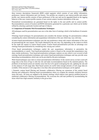 Information and Knowledge Management                                                                  www.iiste.org
ISSN 2224-5758 (Paper) ISSN 2224-896X (Online)
Vol 2, No.6, 2012

three resource descriptions framework (RDF) coded segments which consists of user ability information,
preferences /interest information and visit history. Two profiles are created as user interest profile and context
profile, user interest profile consists of basic preferences of the user and can be upgraded based on the tagging
behavior of the user, context profile consists of user current context, location information of the user.
Personalized recommendations are generated based on the tuples in the user profile and in context profile.
Recommendations consist of location and RFID information generated for a particular user which can be further
refined by selecting a particular location and type of objects.
4. Comparison of Semantic Web Personalization Techniques
All techniques used for personalization uses one or the other form of ontology which is the backbone of semantic
web.
•Ontology based techniques for personalization just considers the domain ontology for personalization without
considering the context information and acquaintance information of the user which may vary with time.
•Context based personalization techniques uses the user preferences along with context information of the user
for personalizing the user request. The results obtained by the user may vary depending on the context in which
he has made the request in context based system. Context based personalization provides an advantage over
ontology based personalization by considering time varying user context.
•Trust based personalization techniques exploit the user acquaintance information to personalize the
recommendations or search. Trust based personalization system is based on the concept that acquaintances may
share similar preferences. Trust based personalization techniques explores an area which is not covered in both
ontology based personalization techniques and context based personalization techniques and may provide some
interesting recommendations which may not be provided by the prior techniques.
•Rule based techniques uses rules to extract personalization information. In the current survey we have used web
usage data in the form of logs to infer the rule and make recommendations based on the matched patterns. The
problems of rule based system are initially some time has to be spend in designing the rule, updating the rule and
on the analysis of web usage data. Rule based systems are useful when enough amounts of web usage data are
available. If the amount of web usage data is less than other personalization techniques can be applied.
• Semantic content based filtering and Semantic collaborative filtering are extensions of the content based
filtering and collaborative filtering based recommendations where we compute the semantic similarity between
items and users. All items are mapped to the domain ontology which reduces item sparcity problem present in
traditional collaborative filtering recommendations. We overcome the cold start problem by recommending the
items which have high semantic similarity to the given item.




                                                       103
 