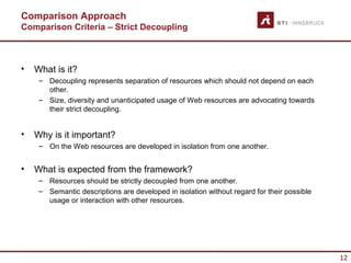 Comparison Approach
Comparison Criteria – Strict Decoupling



•   What is it?
     – Decoupling represents separation of resources which should not depend on each
       other.
     – Size, diversity and unanticipated usage of Web resources are advocating towards
       their strict decoupling.


•   Why is it important?
     – On the Web resources are developed in isolation from one another.


•   What is expected from the framework?
     – Resources should be strictly decoupled from one another.
     – Semantic descriptions are developed in isolation without regard for their possible
       usage or interaction with other resources.




                                                                                            12
 