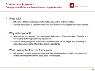 Comparison Approach
Comparison Criteria – Description vs. Implementation



•   What is it?
     – Difference between description of functionality and its implementation.
     – Service description is separated from the way the service is implemented and offered.



•   Why is it important?
     – A firm distinction between the description of elements of Semantic Web Services and
       executable technologies should be present.
     – It allows decoupling from the current implementation technologies and possibility to
       ground descriptions to different underlying standards.


•   What is expected from the framework?
     – A framework should aim at providing ontological description model for the elements
       and to be compliant with the executable technologies.




                                                                                               15
 