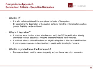 Comparison Approach
Comparison Criteria – Execution Semantics



•   What is it?
     – It is a formal description of the operational behavior of the system.
     – By separating the description of the system behavior from the system implementation
       greater flexibility can be achieved.


•   Why is it important?
     – It provides a mechanism to test, simulate and verify the SWS specification, identify
       anomalies such as deadlocks, livelocks and tasks that are never reached.
     – It provides sound foundation to build an engine being able to execute created models.
     – It improves or even rules out ambiguities in model understanding by humans.


•   What is expected from the framework?
     – Framework should provide means to specify and run formal execution semantics.




                                                                                               16
 