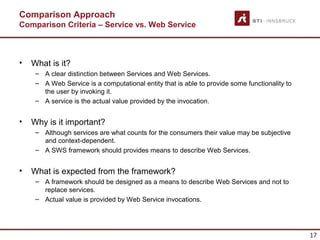 Comparison Approach
Comparison Criteria – Service vs. Web Service



•   What is it?
     – A clear distinction between Services and Web Services.
     – A Web Service is a computational entity that is able to provide some functionality to
       the user by invoking it.
     – A service is the actual value provided by the invocation.


•   Why is it important?
     – Although services are what counts for the consumers their value may be subjective
       and context-dependent.
     – A SWS framework should provides means to describe Web Services.


•   What is expected from the framework?
     – A framework should be designed as a means to describe Web Services and not to
       replace services.
     – Actual value is provided by Web Service invocations.




                                                                                               17
 