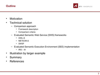 Outline



•   Motivation
•   Technical solution
     – Comparison approach
          • Framework description
          • Comparison criteria
     – Evaluated Semantic Web Service (SWS) frameworks
          • OWL-S
          • METEOR-S
          • SWSF
     – Evaluated Semantic Execution Environment (SEE) implementation
          • IRS – III
•   Illustration by larger example
•   Summary
•   References



                                                                       3
 