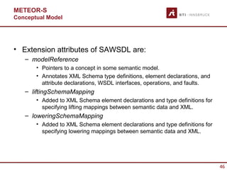 METEOR-S
Conceptual Model




• Extension attributes of SAWSDL are:
   – modelReference
       • Pointers to a concept in some semantic model.
       • Annotates XML Schema type definitions, element declarations, and
         attribute declarations, WSDL interfaces, operations, and faults.
   – liftingSchemaMapping
       • Added to XML Schema element declarations and type definitions for
         specifying lifting mappings between semantic data and XML.
   – loweringSchemaMapping
       • Added to XML Schema element declarations and type definitions for
         specifying lowering mappings between semantic data and XML.




                                                                             46
 