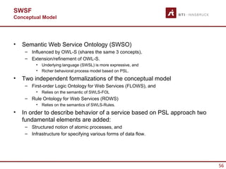 SWSF
Conceptual Model




•   Semantic Web Service Ontology (SWSO)
     – Influenced by OWL-S (shares the same 3 concepts),
     – Extension/refinement of OWL-S.
          •   Underlying language (SWSL) is more expressive, and
          •   Richer behavioral process model based on PSL.
•   Two independent formalizations of the conceptual model
     – First-order Logic Ontology for Web Services (FLOWS), and
          •   Relies on the semantic of SWLS-FOL
     – Rule Ontology for Web Services (ROWS)
          •   Relies on the semantics of SWLS-Rules.
•   In order to describe behavior of a service based on PSL approach two
    fundamental elements are added:
     – Structured notion of atomic processes, and
     – Infrastructure for specifying various forms of data flow.




                                                                           56
 