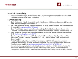 References


•   Mandatory reading:
     –   Dieter Fensel, Mick Kerrigan, Michal Zaremba (Eds.), Implementing Semantic Web Services: The SESA
         Framework. Springer-Verlag, 2008. (Chapter 13)
•   Further reading:
     –   David Martin, et al., OWL-S: Semantic Markup for Web Services, W3C Member Submission 22 November
         2004, http://www.w3.org/Submission/OWL-S.
     –   Joel Farrell and Holger Lausen, Semantic Annotations for WSDL and XML Schema, W3C Recommendation
         28 August 2007, http://www.w3.org/TR/sawsdl
     –   Dieter Fensel, Holger Lausen, Axel Polleres, Jos de Bruijn, Michael Stollberg, Dumitru Roman, John
         Domingue, Enabling Semantic Web Services: The Web Service Modeling Ontology, Springer-Verlag, 2007.
     –   Steve Battle et al., Semantic Web Services Framework (SWSF), W3C Member Submission 9 September
         2005, http://www.w3.org/Submission/SWSF
     –   Sivashanmugam, K., et al. Framework for Semantic Web Process Composition, Special Issue of the
         International Journal of Electronic Commerce (IJEC), Eds: Christoph Bussler, Dieter Fensel, Norman
         Sadeh, Feb 2004
     –   Abhijit Patil, Swapna Oundhakar, Amit Sheth, Kunal Verma, METEOR-S Web service Annotation
         Framework, Proceeding of the World Wide Web Conference, July 2004 (Proceeding of the World Wide
         Web Conference, July 2004) http://lsdis.cs.uga.edu/lib/download/POSV-WWW2004.pdf
     –   Verma, K., Sivashanmugam, K. , Sheth, A., Patil, A., Oundhakar, S. and Miller, J. METEOR–S WSDI: A Scalable P2P
         Infrastructure of Registries for Semantic Publication and Discovery of Web Services , Journal of Information
         Technology and Management, 2004. http://lsdis.cs.uga.edu/lib/download/VSS+03-TM06-003-METEOR-S-WSDI.pdf




                                                                                                                           67
 