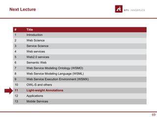 Next Lecture



  #    Title
  1    Introduction
  2    Web Science
  3    Service Science
  4    Web services
  5    Web2.0 services
  6    Semantic Web
  7    Web Service Modeling Ontology (WSMO)
  8    Web Service Modeling Language (WSML)
  9    Web Service Execution Environment (WSMX)
  10   OWL-S and others
  11   Light-weight Annotations
  12   Applications
  13   Mobile Services



                                                  69
 